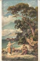 Odysseus wird von der Nymphe Kalypso zur Heimat entsandt / Erotic nude lady art postcard s: Fr. Preller (EB)
