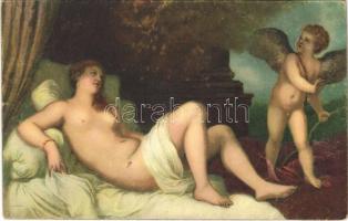 Danae e Amore / Erotic nude lady art postcard. Stengel litho s: Tiziano Vecelli