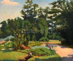Galla Endre (1897-1971): Virágos park. Olaj, vászon, jelzett. Fa keretben. 50×60 cm