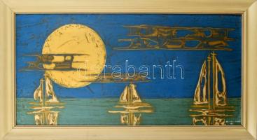 Somogyi István (1930-1998): Vitorlások. Olaj, farost, jelzett, fa keretben, 50×99 cm