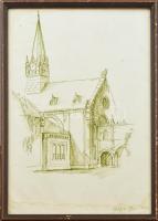 Székelyhidi Gábor (?-): Templom. Filctoll, papír. Lap széle foltos Üvegezett, sérült fa keretben. 41,5×29 cm