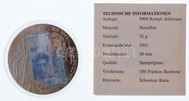 Svájc DN "100.-banknote seit 1995" fém emlékérem 100Fr svájci bankjegy multicolor képével ...