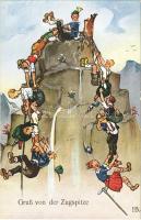 1936 Zugspitze, Gruß von der Zugspitze / humour, drunk hikers climbing. Schw. K.V. Nr. 295. s: H.B.
