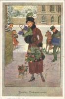 1920 Herzliche Weihnachtsgrüße! / Christmas greeting art postcard, lady with dog. Pantophot Vienne Nr. 22-162. s: Schubert (szakadás / tear)