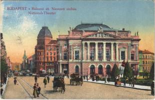 Budapest VIII. Rákóczi út, Nemzeti színház, Blaha Lujza tér, villamosok (Rb)