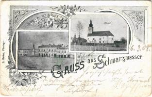 1908 Strumien, Schwarzwasser; Ringplatz, Kirche / market square, shops, church. S. Better, Photogr. Art Nouveau, floral (EB)