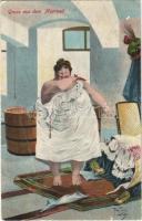 1917 Gruss aus dem Moorbad / Greetings from the mud spa, fat woman in the bath, humour s: Arthur Thiele (EB)