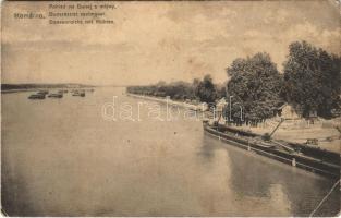 Komárom, Komárnó; Duna részlet a vízi hajómalmokkal, hajómalom / Danube river with floating ship mills (EK)