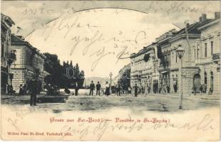 1901 Bród, Nagyrév, Slavonski Brod, Brod na Savi; square, shops, bicycles. Wittve Paul (EK)