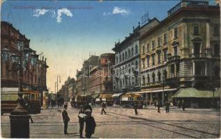 1916 Budapest VII. Rákóczi út, villamosok, Emke kávéház, szálloda (EK)