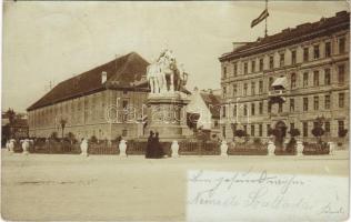 1900 Pozsony, Pressburg, Bratislava; Mária Terézia királyné szobra, magyar zászló / street view, statue, monument, Hungarian flag. photo (EB)