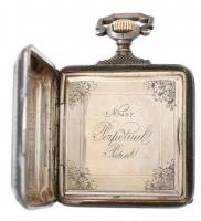 cca 1880 Loehr perpetual patent niellós ezüst zsebóra automata nikkelezett kalapácsos, kulcsos felhú...