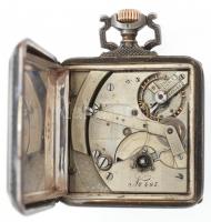 cca 1880 Loehr perpetual patent niellós ezüst zsebóra automata nikkelezett kalapácsos, kulcsos felhú...