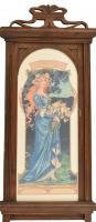 Szecessziós, üvegezett fa képkeret modern Elisabeth Sonrel (1874-1953) art nouveau ofszet nyomattal. Üvegegn kisebb repedéssel. Látható méret: 51x21 cm