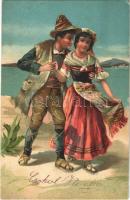 1905 Lady art postcard, romantic couple, folklore. Emb. litho (EK)