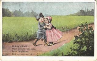 1919 Holnap eljövök... / Children art postcard, romantic couple, soldier boy. L&P 5996/V. (EK)