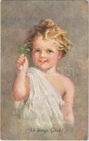 Ich bringe Glück! / Children art postcard, child with four-leaf clover