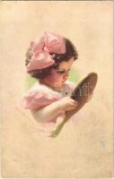 Children art postcard, girl with mirror (EK)