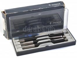 Parker toll készlet,dobozában 17x8,5x2,5cm, töltő toll, golyóstoll, rottring és patron, jó állapotú, h: 12 cm