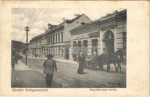 1910 Szilágysomlyó, Simleu Silvaniei; Megyeház utca, lovaskocsi, Lázár Gyula bőr kereskedése, Schwarcz E. és Társa üzlete és saját kiadása. Simonek felvétele / street, shops, horse cart