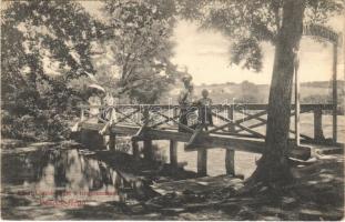 1910 Püspökfürdő, Szentlászlófürdő, Baile 1 Mai; Szent László sziget a Tengerszemmel, fahíd / island, wooden bridge, lake (szakadás / tear)