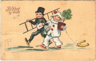1939 Boldog Újévet! / New Year greeting art postcard with chimney sweeper, clown, horseshoe and champagne (fa)