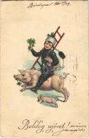 1931 Boldog Újévet! / New Year greeting art postcard with chimney sweeper and pigs. L&P 1641/IV. (EK)