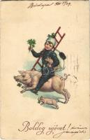 1931 Boldog Újévet! / New Year greeting art postcard with chimney sweeper and pigs. L&P 1641/IV....