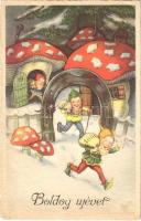 1940 Boldog Újévet! / New Year greeting art postcard with dwarves and mushroom houses (EK)