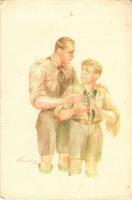 A cserkész készségesen engedelmeskedik. A Magyar Cserkészszövetség kiadása / Hungarian boy scout art postcard s: Márton L. (fa)