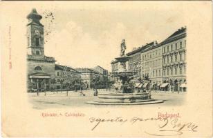1898 Budapest VIII. Kálvin tér, szökőkút, üzletek, templom (EK)