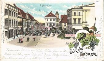 1899 Győr, Széchenyi tér, üzletek, ünnepség, tömeg. Kiadja Berecz Viktor 3588. Art Nouveau, floral, litho + BUDAPEST - GYŐR - BÉCS 14. SZ. vasúti mozgóposta bélyegző (EK)
