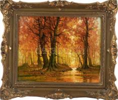 Mesterházy Dénes (1900-1949 körül): Őszi erdő. Olaj, vászon. Dekoratív, historizáló stílusú fa keretben. 40x50 cm