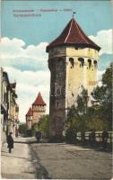 1913 Nagyszeben, Hermannstadt, Sibiu; Harteneckertürme / torony, utca / tower, street (fa)