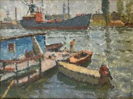 Gyelmis Lukács János (1899-1979): Csónakkikötő. Olaj, vászon, jelzett, hátoldalán Képcsarnok Vállalat címkéjével. Üvegezett, kissé sérült fa keretben, 60×80 cm