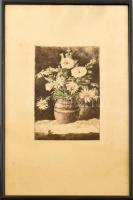 Kovács Júlia (1924-2007): Virágok. Színezett rézkarc, papír, jelzett, lap széle kissé foltos. Üvegezett fa keretben, 29×19 cm