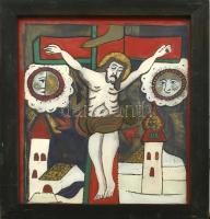 Jelzés nélkül: Jézus a kereszten. Festett üvegikon. Fa keretben. 35,5×28,5 cm