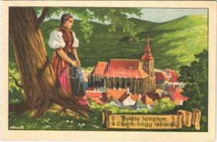 Brassó, Kronstadt, Brasov; Fekete templom a Cenk hegy lábánál. Kiadja a Székely Egyetemi és Főiskolai Hallgatók Egyesülete / Biserica Neagra, Tampa / Hungarian irredenta art postcard, Lutheran church, mountain s: Gebhardt (képeslapfüzetből / from postcard booklet)