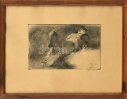 Szász Endre (1926-2003): Pihenő. Rézkarc, papír, jelzett. Üvegezett, kissé sérült fa keretben. Lapon egészen apró (foxing) foltokkal. 19,5×29 cm.