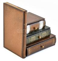 Könyv formájú, fa fiókos kis polc, 17x11x17cm