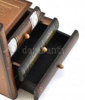 Könyv formájú, fa fiókos kis polc, 17x11x17cm