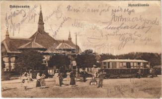 1915 Békéscsaba, Motoros vasútállomás pavilonja, kisvasút, vonat. Vasúti levelezőlapárusítás 4504. (EK)