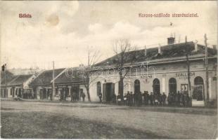 1912 Békés, Korona szálloda, étterem és vendéglő, utca, Csanádi János és Schmitz Mihály üzlete. Végh Lajos kiadása