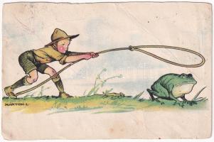 Cserkész meglasszóz egy békát. A Magyar Cserkészszövetség kiadása / Hungarian boy scout art postcard, frog s: Márton L. (vágott / cut)