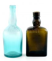 2 db szeszes italos, feliratos üveg: Farmacia Serravallo Trieste, Franz J. Kwizda kb 4dl