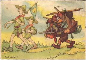 Csehszlovák cserkészlap / Bud obetavy! / Czechoslovakian scout art postcard (vágott / cut)