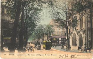 1905 Nice, Nizza; Avenue de la Gare et Eglise Notre-Dame / street view, tram, church, shops, veterinary (fa)