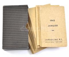 1943 Lardoline Rt. reklámos zsebnaptára/notesze az év minden hónapjára, 11 db kis füzet karton tokban, a márciusi hiányzik, használatlan, jó állapotban