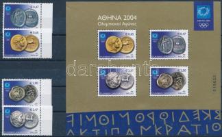 Olympic Summer Games, Athens (XV): Olympians on ancient coins corner set + block, Nyári olimpiai játékok, Athén (XV): Olimpikonok az ősi érméken ívszéli sor + blokk