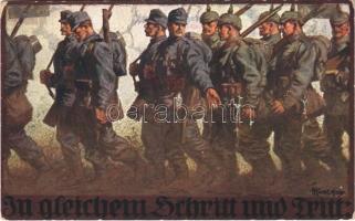 1916 In gleichem Schritt und Tritt / WWI German and Austro-Hungarian K.u.K. military art postcard, marching. M. Munk Wien Nr. 1042. s: F. Kuderna (EB)